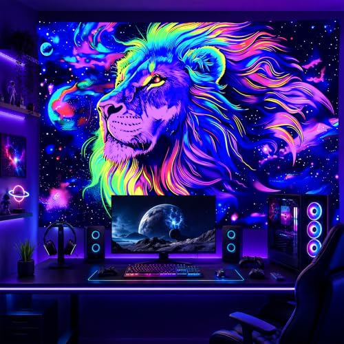 Blacklight Tapestry Lion Space Party Wall Decor 78 x 59 Inch