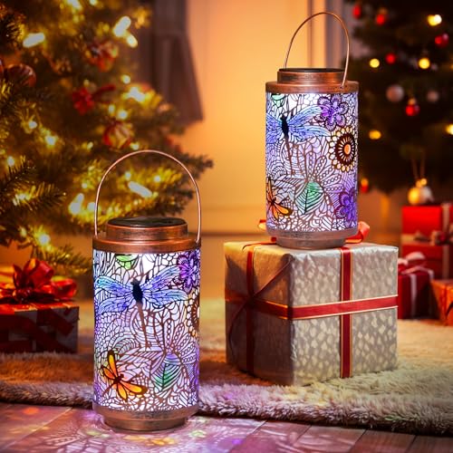 2Pack Solar Outdoor Lanterns Waterproof Multicolor Dragonfly Garden Gifts for Mom Women Backyard Lights Lanterns for Indoor (2 Count)