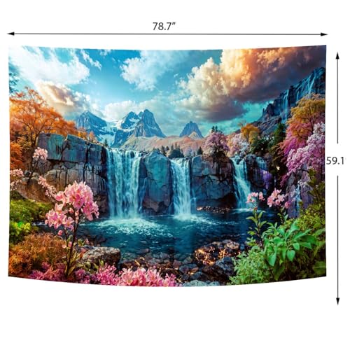 Waterfall Tapestry Tropical Forest Mountain Sunset Tree Wall Hanging Tapestry Scenic Rainforest Landscape Nature Sunrise Headboard for Bedroom Living Room Home Decor