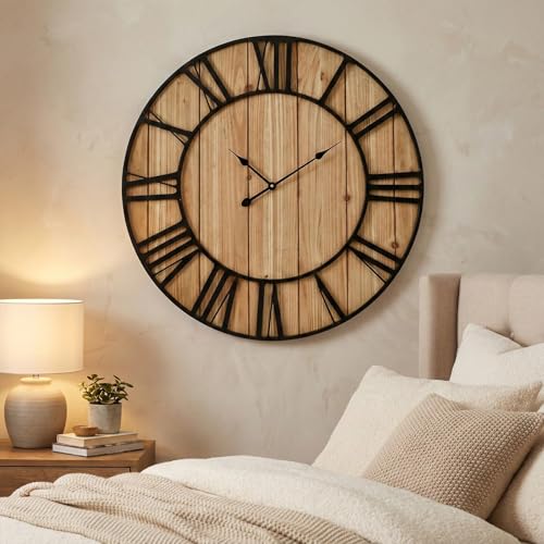 Large Farmhouse Wall Clock 30 Inch Vintage Brown Wooden Wall Clock with Quiet Ticking and Minimalist Roman Numerals for Bedroom Living Room Office Kitchen Home Decor