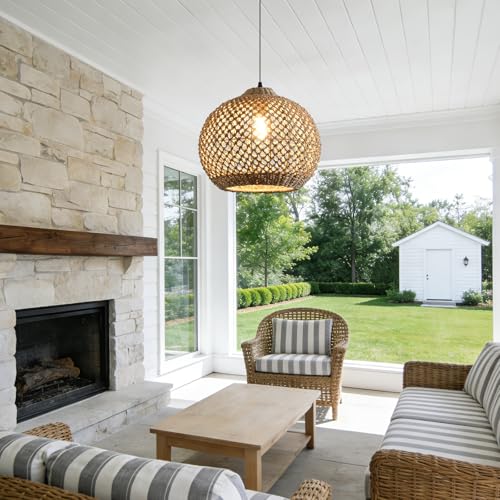 Rattan Pendant Light Fixture 13.79”Boho Wicker Lights