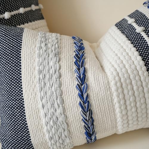 Decorative Lumbar Throw Pillow Cover 12x20 Boho Dark Blue Accent Cushion for Couch Sofa Farmhouse Pillowcase for Bedroom Living Room Home Décor Cover ONLY