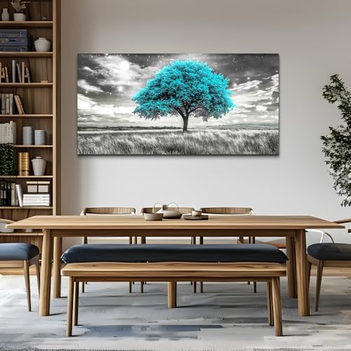 Modern Canvas Print Wall Art Blue Tree Painting Full Of Stars Black And White Art pictures Natural Landscape Wall Decoration Suitable For Living Room Bedroom Office Framed Stretch 20x40 In