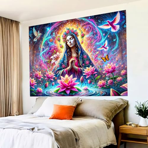 Virgin Mary Psychedelic Floral Art Blacklight Tapestry 78x59 Inch
