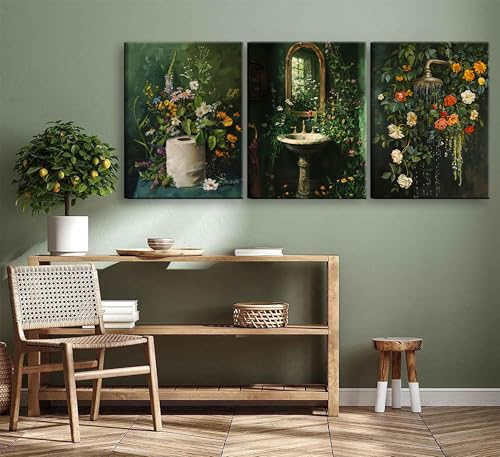 3Pcs Framed Vintage Dark Green Bathroom Wall Art Shower Toilet Paper Roll Floral Poster Print Modern Farmhouse plants Painting Picture Wall Decor For Bathroom Living Room Decoration (3 Count)