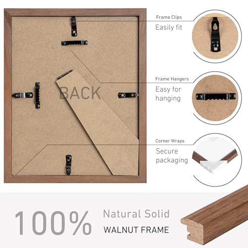 8x10 Picture Frame Set of 4 Natural Solid Walnut Photo Frames with 5x7 Removable Mat Wall Hanging Large Handcrafted Frame with HD Plexiglass Wall and Tabletop Display Large Poster Frame (4 Count)