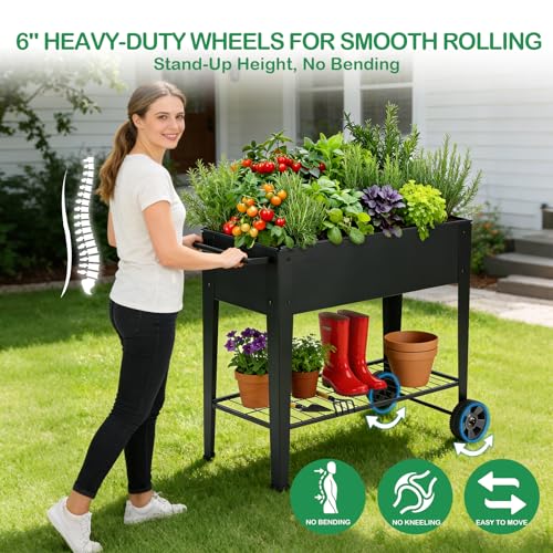 31.5" Tall Elevated Mobile Raised Garden Bed with Wheels and Shelf