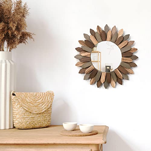 Boho Wall Decor Mirror 2 Pack 12 inch Rustic Wood Decorative Mirror for Room Decor Rustic Farmhouse Wall Decor for Bedroom Bathroom Living Room Entryway Tril Color (2 Count)