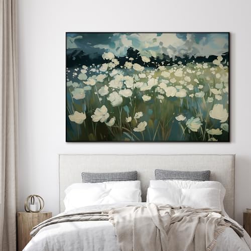 46"x72" Extra Large Framed Wall Art White Wildflower Field in Impressionist Style
