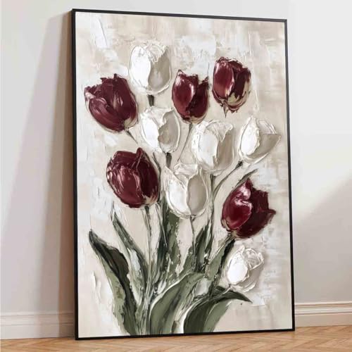 Abstract Tulip Wall Art White Floral Picture Minimalist Flower Painting 16x24inch no frame