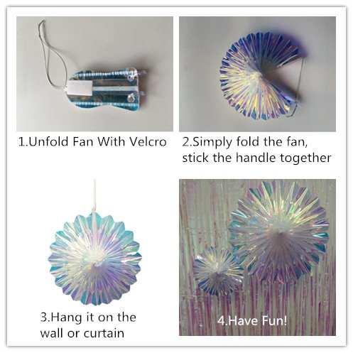 Iridescent Hanging Decorations Round Foil Decorative Folding Fans Rainbow Shine Party Ornaments for Bridal Shower Wedding Birthday Frozen Theme Party Decorations (2 Count)