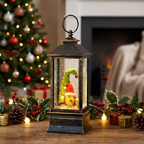 Christmas Snow Globe Lantern Water Glittering Xmas Gnome with Whimsical Christmas Tree