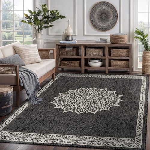 Outdoor Rug 6x9 Medallion Darkgray Modern Area Rugs for Indoor and Outdoor Patios Kitchen and Hallway Mats Washable Porch Deck Outside Carpet (60 Sq Ft)