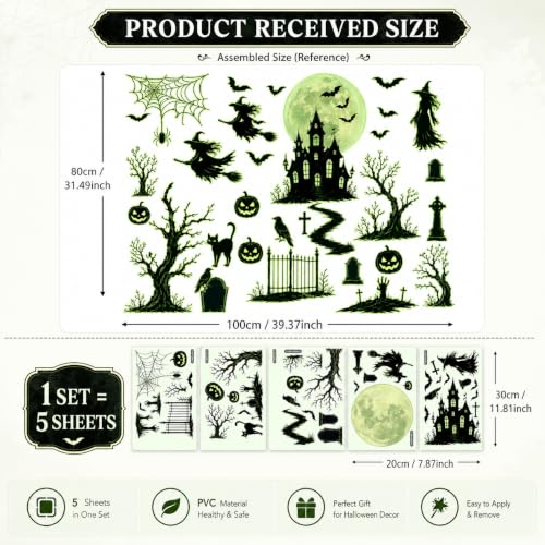 Glow in the Dark Halloween Window Stickers Luminous Ghost Pumpkin Black Cat Spider Bat Candy Moon Window Decals for Halloween Party Supplies Home Glass Decorations