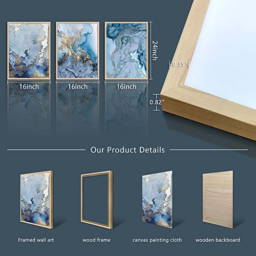 Natural Wood Framed Wall Art For Living Room Large Wall Decoration For Bedroom Office Wall Decor Minimalist blue Abstract Wall Painting Watercolor Wall Pictures Home Decor 3 Piece Framed Art Prints (3 Count)