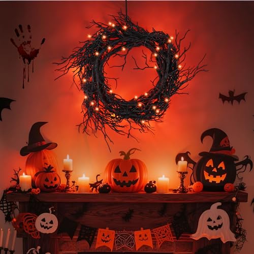 9 Ft 66 LED Willow Vine Twig Decor Black Halloween Garland with Orange Lights
