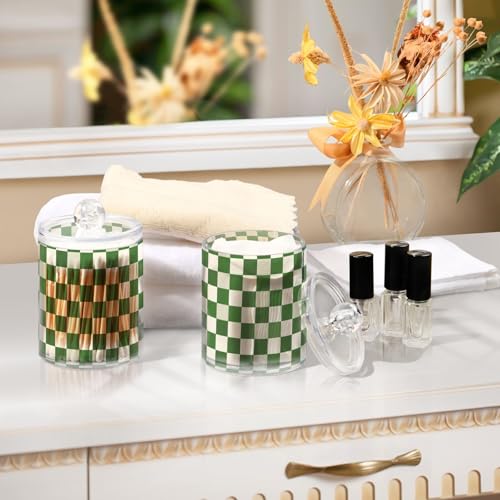 2 Pack Qtip Holder Organizer Dispenser Green White Checkered Pattern Bathroom Storage Canister Cotton Ball Holder Container for Cotton Pads (2 Count)
