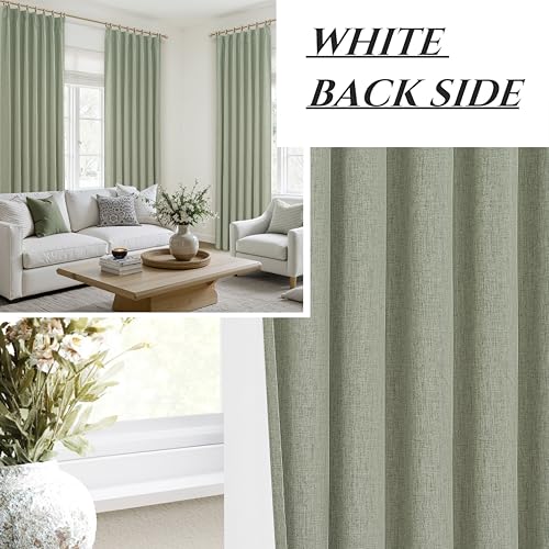 Sage Green Blackout Linen Curtains 84 Inches Long for Living Room Bedroom (2 Count)