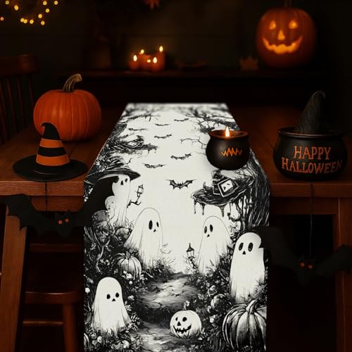 Halloween Table Runner Black Ghost Holiday Burlap Table Decoration Indoor Outdoor Home Decor Party Supply 13 x 90 Inch