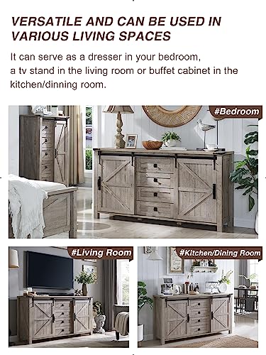 60 Inch Farmhouse Dresser with 4 Drawers and Sliding Barn Doors
