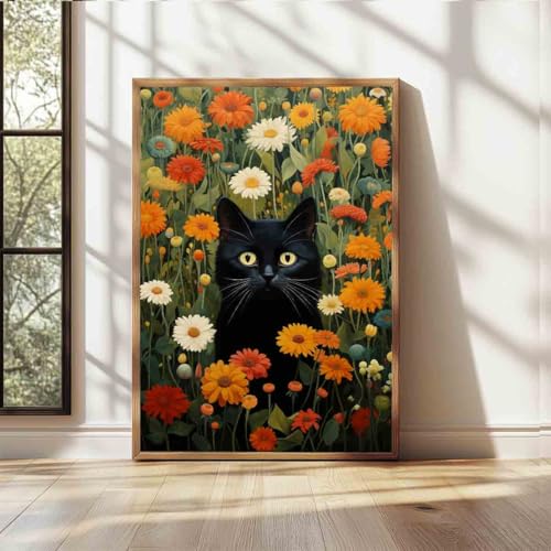 Black Cat Wall Art Colorful Flower Pictures Funny Cat Painting Green Plant Pictures Colorful Wildflowers Wall Art Cute Animals Floral Picture Aesthetic Living Room Decor 16x24inch No Frame