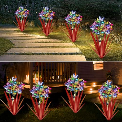 Solar Metal Agave Butterfly Flower Stick Garden Sculpture (3 Count)
