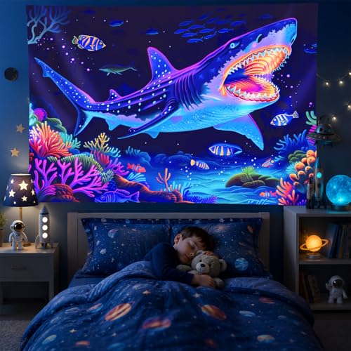 Blacklight Tapestry Shark Underwater UV Backdrop 78 x 59 Inch