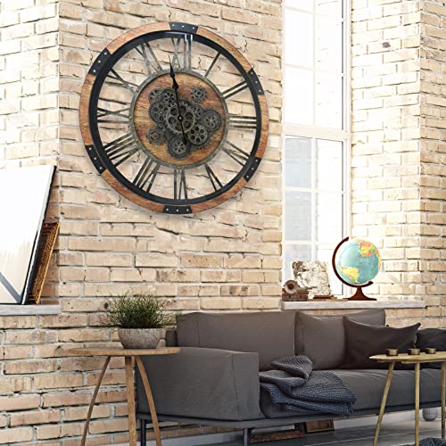 36'' Large Wall Clock Real Moving Gears Oversized Industrial Solid Wood Rusic Farmhouse Clocks for Living Room Wall Decor Home Office