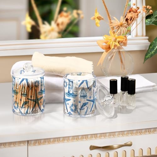 2 Pack Qtip Holder Organizer Dispenser Starfish and Lighthouse Bathroom Storage Canister Cotton Ball Holder Container for Cotton Pads (2 Count)