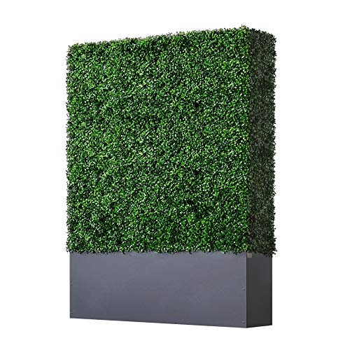 Artificial Boxwood Hedge Wall with Dark Gray Stainless Steel Planter Box Privacy Wall Backdrops (21.32 Sq Ft)