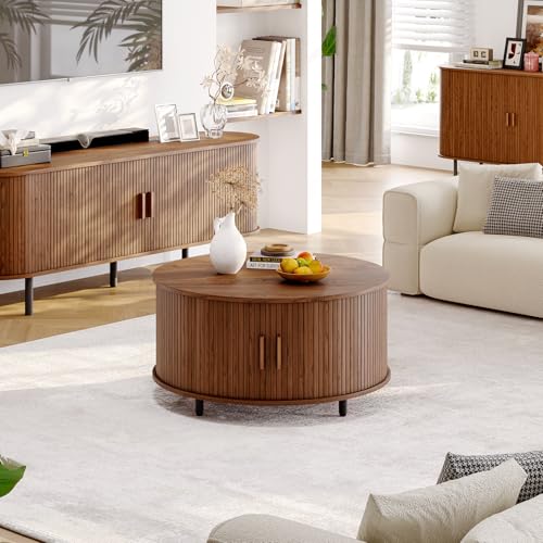 31.5" Round Coffee Table with Storage Adjustable Footpads