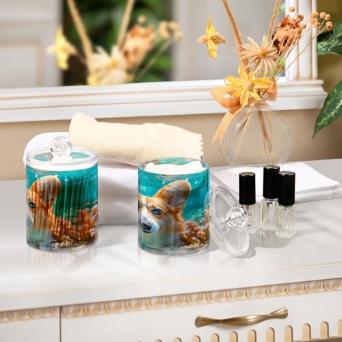 2 Pack Qtip Holder Organizer Dispenser Corgi Dog Underwater Bathroom Storage Canister Cotton Ball Holder Container for Cotton Pads (2 Count)