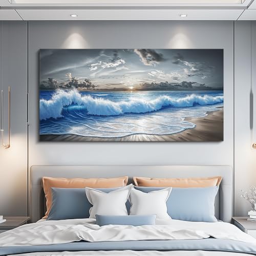 Wall Art Modern Black White And Blue Ocean Wave Painting 24"X48"