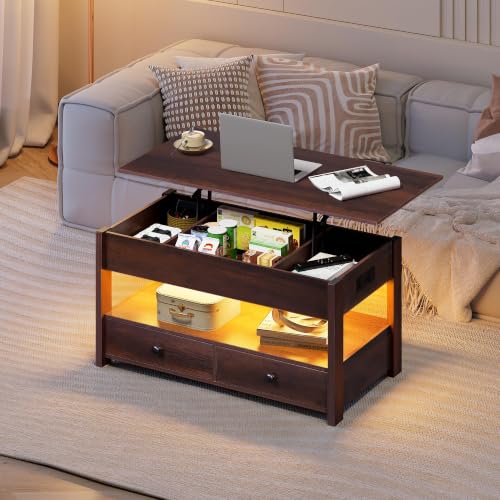 Lift Top Coffee Table with LED and 2 Drawers