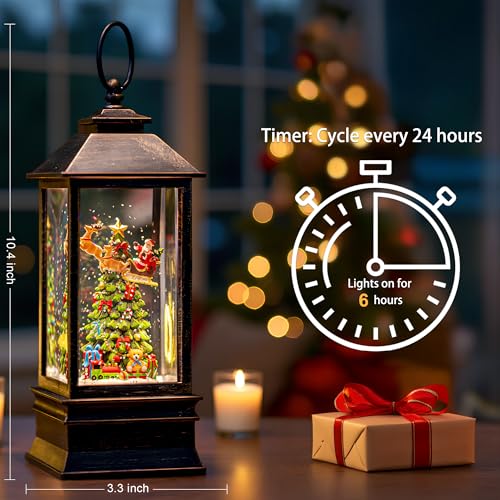 10.4" Christmas Snow Globe Flying Santa Around The Tree Water Lantern