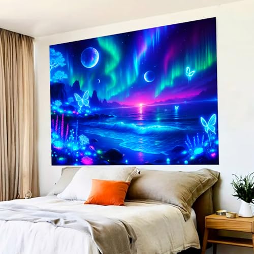 Blacklight Tapestry Galaxy Butterfly UV Wall Art 78 x 59 Inch