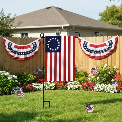 Garden Flag Stand with Betsy Ross Flag Garden Flags 12 x 18 Inch Metal 13 Star American Yard Flag Holder Pole Stake Small Flag Stands with Clips and Stopper
