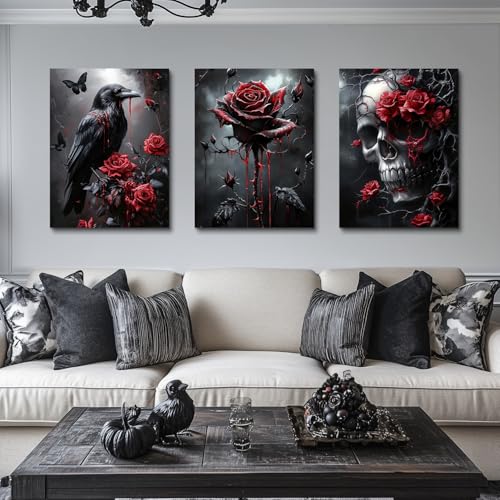 Wrapped Canvas Dark Goth Crow Rose Skull Wall Art Set of 3 (3 Count)