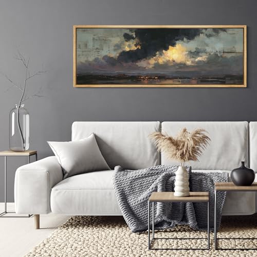 Large Framed Canvas Print Wall Art Dramatic Sunset Clouds Antique Retro Fine Art Illustrations Decorative Colorful for Bedroom