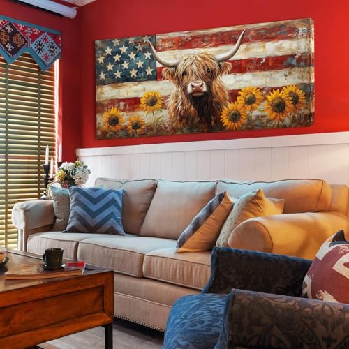 Country Highland Cow Wall Art for Living Room Rustic Retro Vintage American Flag Sunflower Canvas Painting Prints Highland Cattle Artwork Farmhouse Bedroom Office Decor