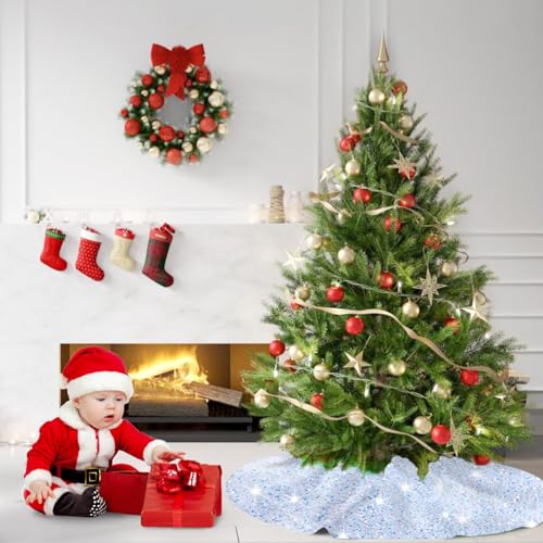 Sequin Christmas Tree Skirt Iridescent White Sparkle Tree Skirt 46 Inch Velvet Xmas Tree Mat Thick Bling Tree Skirt Christmas Decoration Shimmer Tree Cover Skirt for Merry Christmas Party