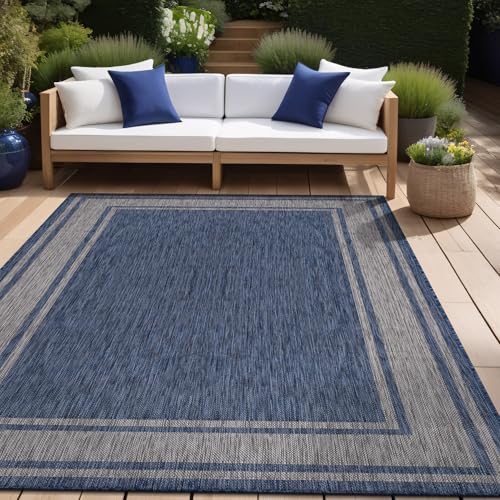 Outdoor Rug 8x10 Modern Bordered Area Rugs for Indoor and Outdoor Patio Deck Porch Garden Waterproof Weather Sun Resistant Washable Outside Carpet (80 Sq Ft)