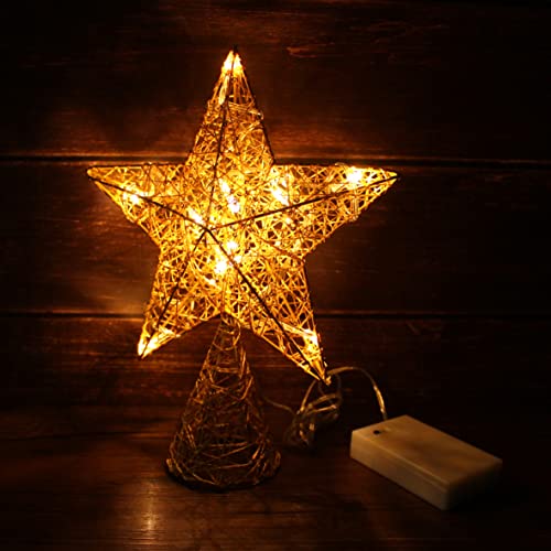 Gold Tree Top Star with Warm White LED Lights and Timer for Christmas Ornaments and Holiday Seasonal Décor