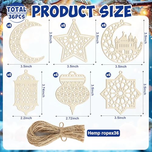 36PCS Wooden Ramadan Decorations Eid Islam Mubarak Ornaments Mubarak Hanging Hollow Pendant to Paint (36 Count)