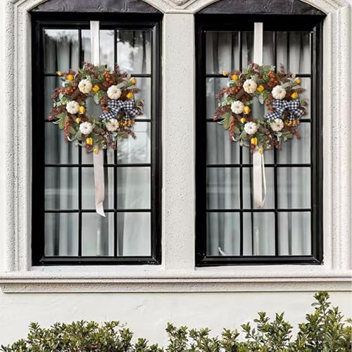 24 Inch Farmhouse Fall Wreath for Front Door with White Pumpkins