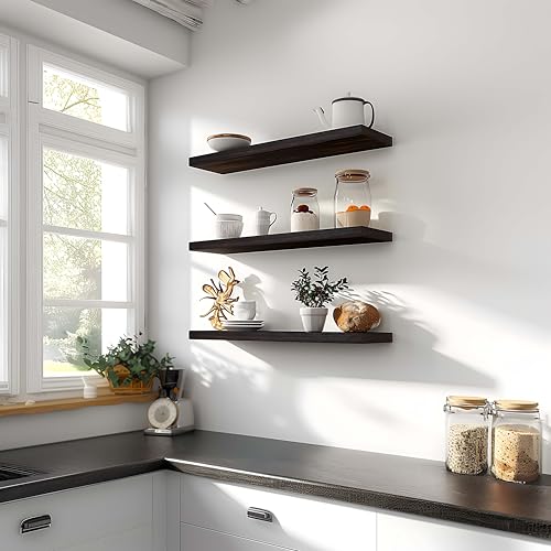 24 Inch Floating Shelves for Wall Rustic Brown Wood Wall Shelves for Bedroom Set of 4 (4 Count)