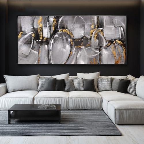 Abstract Canvas Wall Art Grey and Gold Wall Decor Line Print Pictures 32"x70" Bedroom Large Artwork Over Bed Office Posters