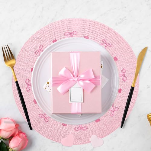 4 Pcs Pink Bow Embroidered Placemats Round Place Mats Coquette Bow Dinner Table Mats for Home Wedding Baby Shower Birthday Party Decor (4 Count)