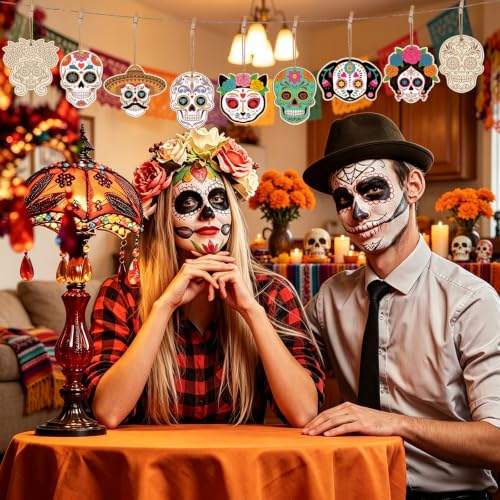 80PCS Wooden Day of The Dead Skull Ornaments to Paint Dia De Los Muertos Decorations Crafts for Kids