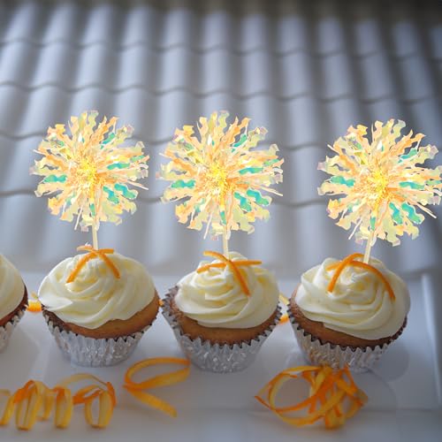 30Pcs Foil Firework Cupcake Toppers Sparkle Tinsel Drink Birthday Cake Decorations Cocktail Food Fruit Toothpick for New Years Wedding Birthday Party Decorations Yellow (30 Count)
